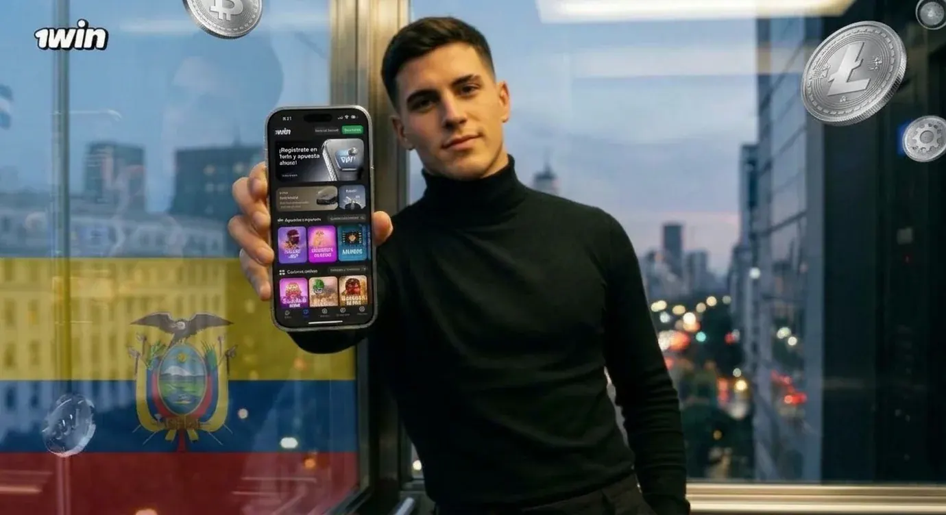 Joven junto a un ventanal con vista a la ciudad muestra el casino de 1win en su celular, con la bandera de Ecuador
